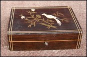 French Chip Stamp Box Inlayed Rosewood Brass Peacock 1860