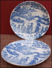 Japan Porcelain Blue and White Pair of Saucers Imari 1940