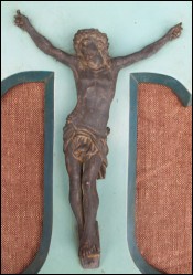 Spelter Christ Blue Painted Wooden Crucifix 1925