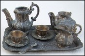 Victorian Tea Coffe Set with Tray for Doll Pewter
