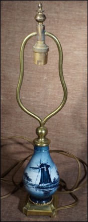 Flow Blue Delft Porcelain Windmill Table Lamp Light 1920