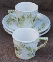 HB Quimper Green White Pair Flowered Demi-Tasse Cup & Saucers