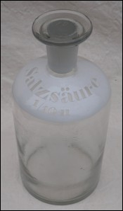Apothecary Bottle Glass w Stopper Enamel Label Hydrochloric Acid