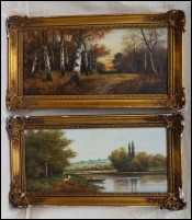 Barbizon School Pair Landscape Riverscape LIONEL Oil on Canvas 19th C