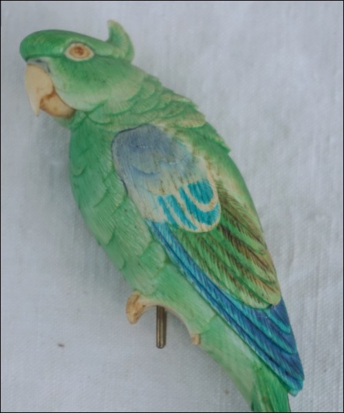 Parakeet Okimono Hand Carved Ink Painted Ivory Tenzan Meiji Period