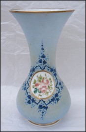 Blue Opaline Baluster Vase Roses Medalion 19th C