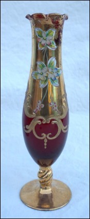 Rubis Gilt Scalloped Footed Glass Vase Egermann Czech