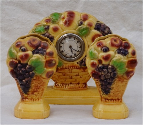 Art Deco Majolica Mantle Clock Set Garniture Vase ESDEVE Sarreguemines