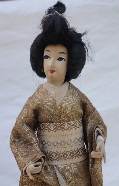 Japanese Geisha Doll Silk Gold Silver Metallic Thread Kimono