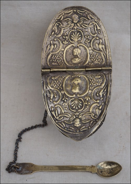 Incense Boat with Spoon Brass Repousse 17th Century