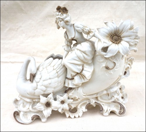 Young Lady Swan Sledge Vase Gilt White Bisque Porcelain 19th C