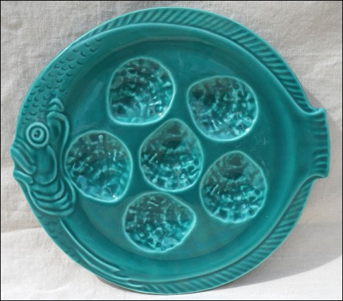 Fish Shaped Oyster Plate Green French Faience Niderviller 1960