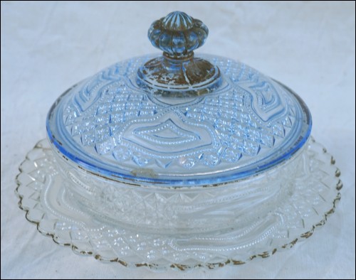Blue Clear Pressed Glass Lidded Butter Dish 1900