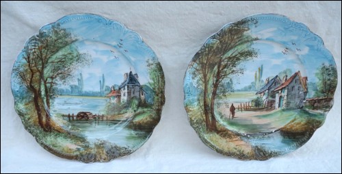 Riverscape Hand Painted Porcelain Pair of Plates Barbizon 19th C