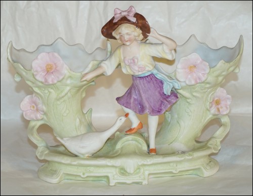 Goose Guardian Jardiniere Planter Bisque Porcelain 1920