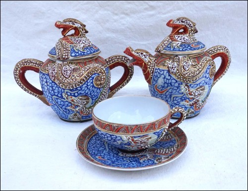 Japanese Dragonware Moriage Geish Lithopane Cup Tea Set