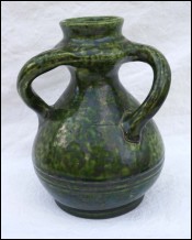 Belgium Green Glazed Stoneware Vase 3 Twisted Handles Bouffioulx