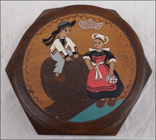 Breton Child Pyrography Wooden Trinket Candy Box Quimper