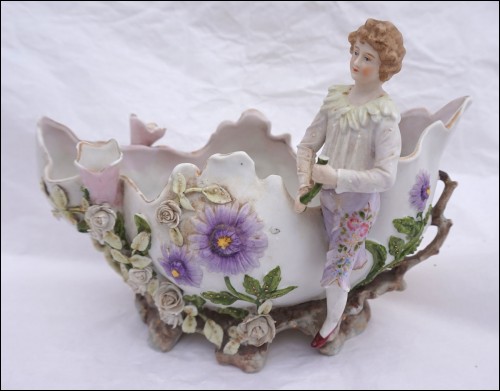 Romantic Gardener Jardiniere Planter Flowered German Porcelain 19th C