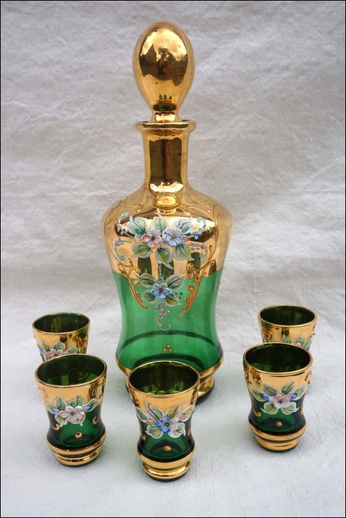 ERGMANN Bohemian Emerald Green Gilt Cordial Set Bottle 5 Goblets