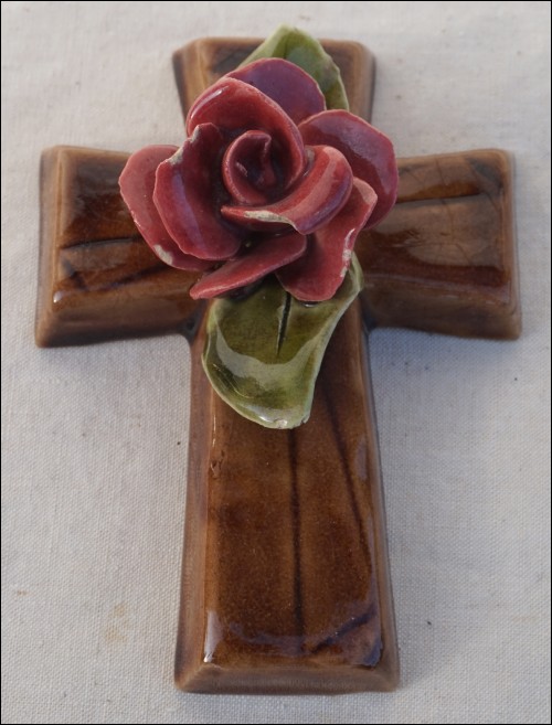 Wall Crucifix Faience Rose Sarreguemines 1900