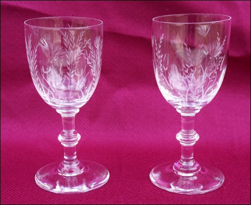 Etched Crystal Stemware Pair Cherry Corial Glass Floral Pattern