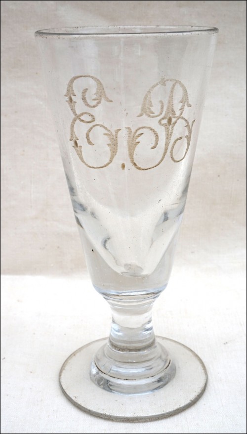 Antique Absinthe Glass Engraved Blown Glass Mono EB 19th C