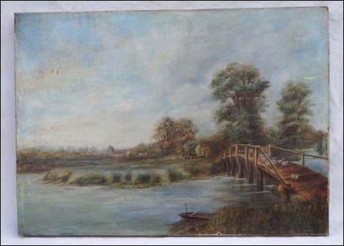 Henry Harris Oil on Canvas River Bridge Sheep Shepherd 1880