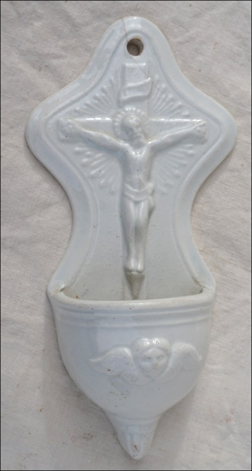 Christ Crucifix Holy Water Font Faience 1880
