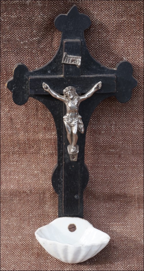 Crucifix Holy Water Font Christ Silvered Spelter Bronze