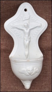 Christ Crucifix Holy Water Font Faience 1880 A