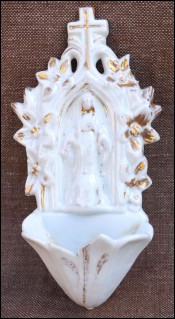 Virgin Mary Cross Holy Water Font Gilt Porcelain 1880