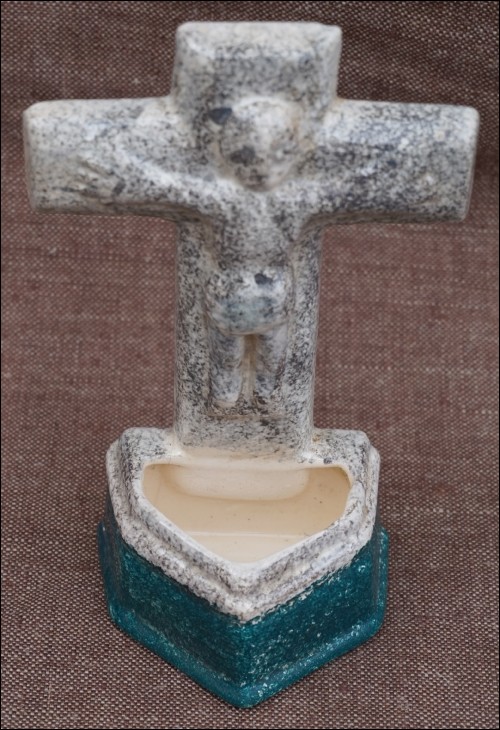 Christ Crucifix Holy Water Font Faience Brittany 1960