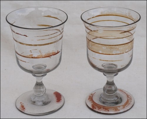 Antique Art Glass Enameled Wine Water Footed Goblet Tulip Glass Pair 19th C