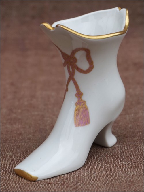 Gilt Limoges Porcelain Miniature Shoe Pompom Cordon 1960