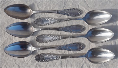 Silverplate 6 Desserts Fruits Spoons Ribbons Foliage