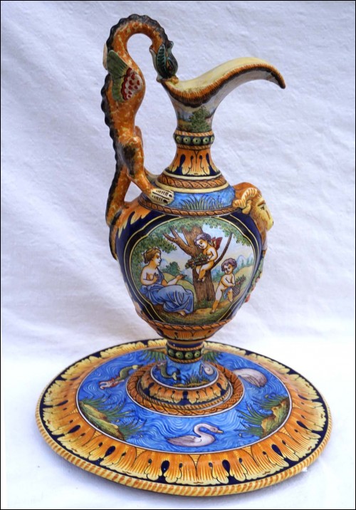 Revival Large Ewer Cherubs Faience Nevers Montagnon 1900