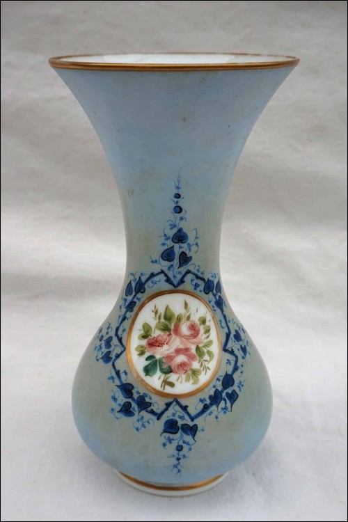 Blue Opaline Baluster Vase Hand Painted Roses Medallion 19th C 