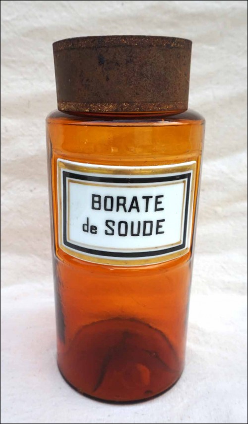 Apothecary Jar Amber Glass Porcelain Label Sodium Borate 19th C