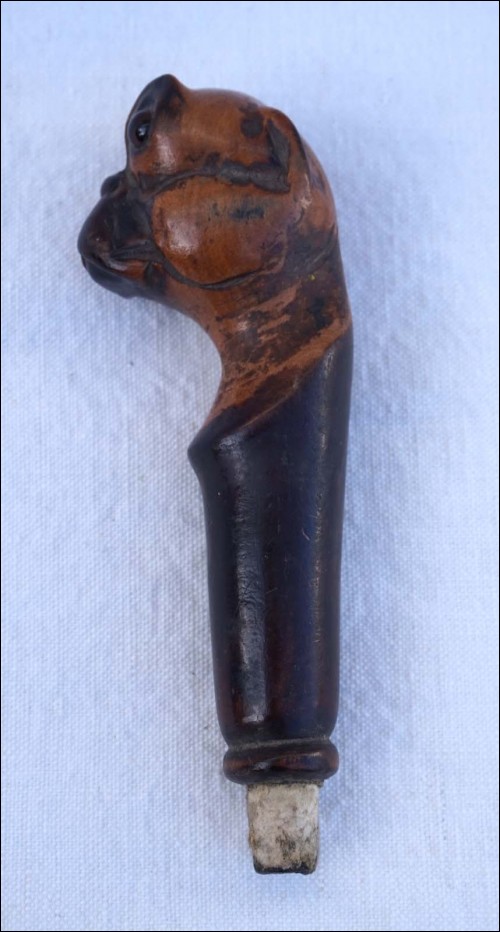 Mastiff Dog Head Wood Carved Glass Eye Walking Cane Handle Late 19th C