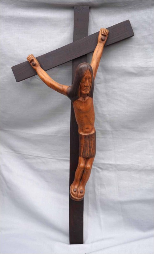Christ on Crucifix Camille Boucher Quimper French Art Deco Carved Wood Sculpture