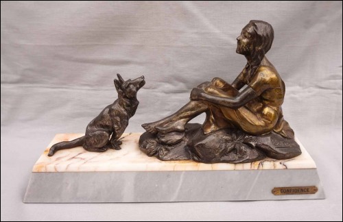 Confidence Young Lady with Dog Spelter Statue Figure B Sollazzini Art Deco
