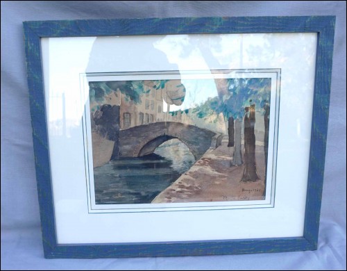 Bruges Brugge Old Bridge Framed Watercolor Maurice Harry 1931