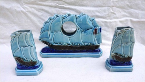 Sailling Boat Clock Vase Set Mantel Garniture Faience Sarreguemines Sailling Boat Clock Vase Set Mantel Garniture Faience Sarreguemines