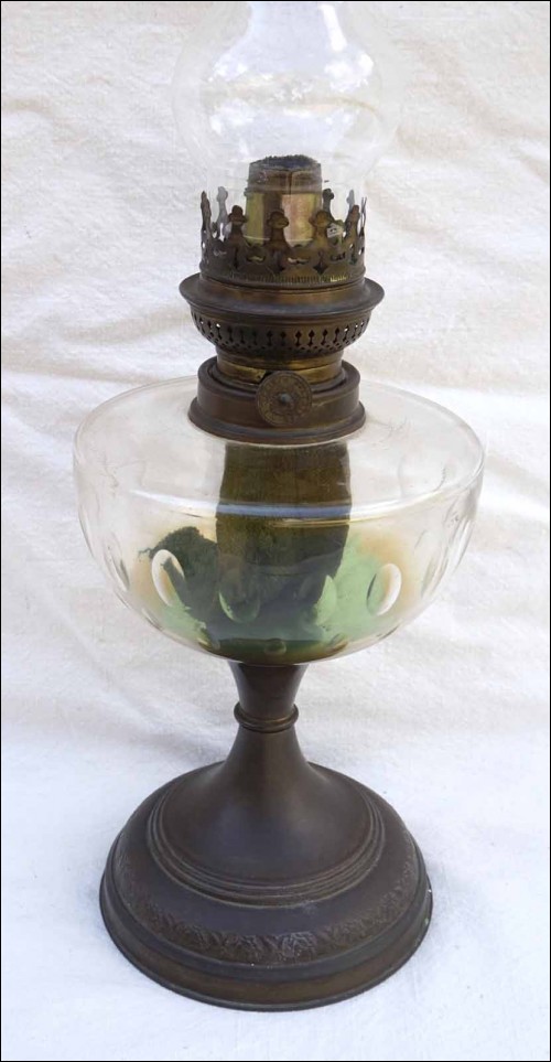 Art Deco Oil Kerosene Lamp Enamel Hand Painted Glass Aluminum T H Burner