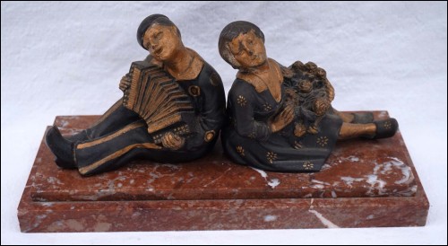 Pierrot & Pierrette Musician Sculpture Golden Patina Spelter French Art Deco 1925