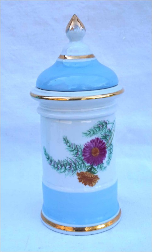 LIMOGES Porcelain Apothecary Jar w Lid Transferware Flower Gild  D&C