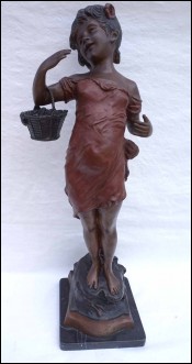 Vintage Little Girl with Basket Painted Brass Figure 26 3/4