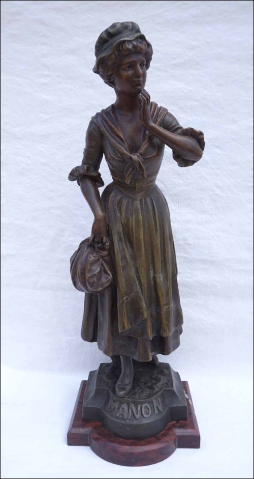Art Nouveau Manon Young Lady Statue Figure Spelter Bronze AJ Scotte