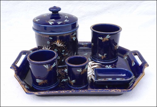 Faience Bee Cobalt Blue Smoker Tobacco Set Luneville 1880